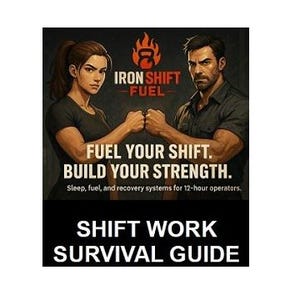 Puede incluir: Ilustración de una mujer y un hombre apretando los puños, con el texto "IRON SHIFT FUEL" encima. Debajo, se lee "FUEL YOUR SHIFT. BUILD YOUR STRENGTH." y "SHIFT WORK SURVIVAL GUIDE."