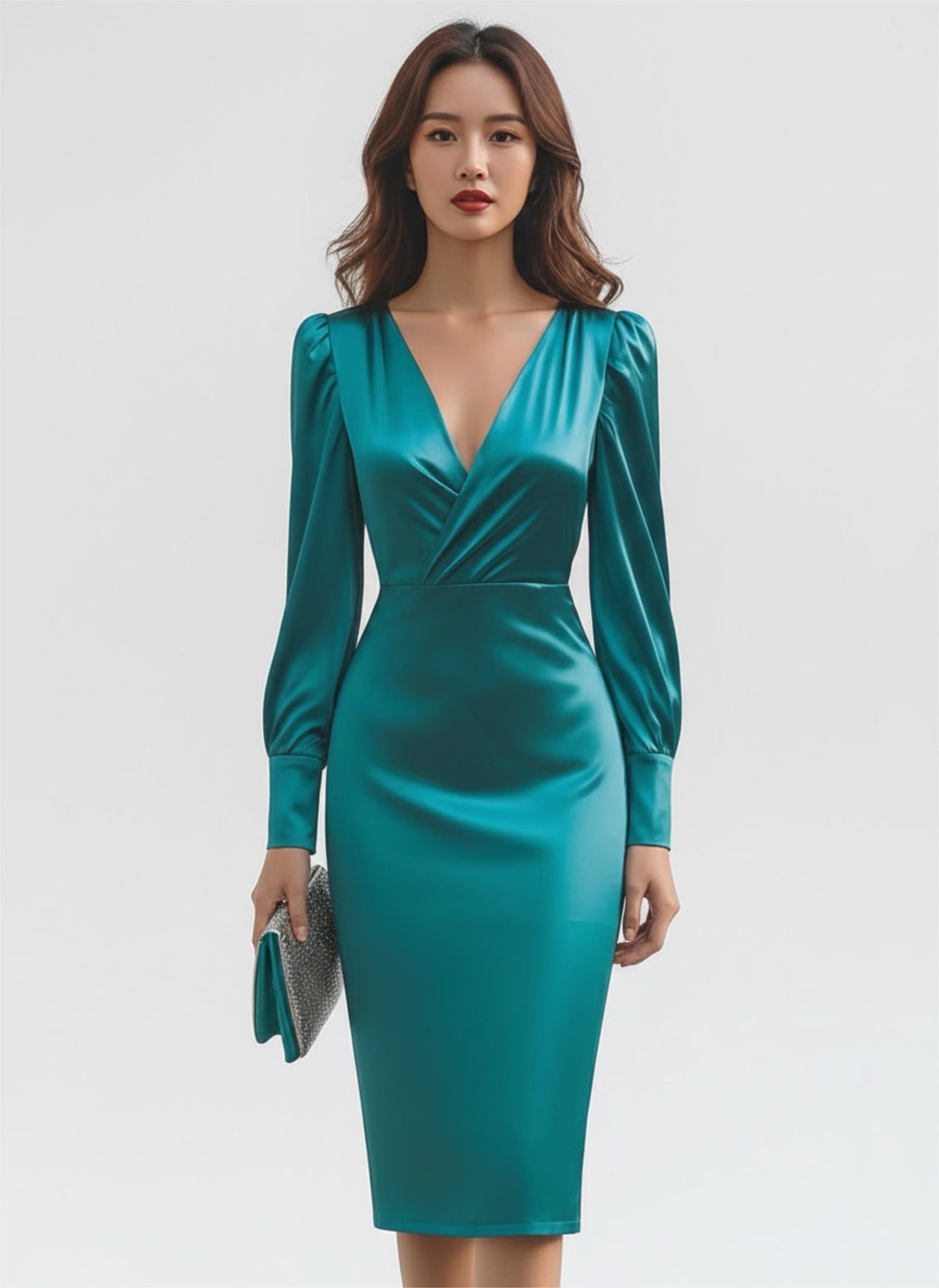 champagne wedding dresses with sleeves Satin V Neck Dress Half Lace Top BWD079 Size:40x29 Slim Date Night Dress Halter A-line Knee-Length Chiffon