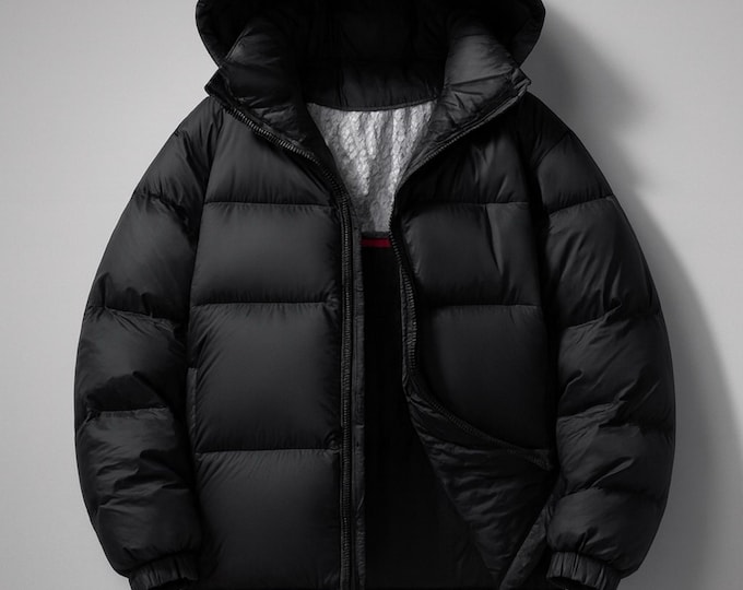 Premium men’s puffer jacket – minimal black hooded winter jacket – luxury streetwear outerwear – modern urban coat