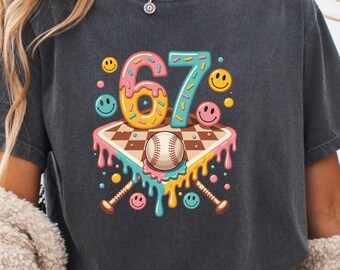 Celebrate with style and sweetness! This playful number 67 design mixes donuts, baseball, A perfect choice for birthdays, sports lovers
