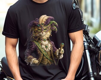 Mardi Gras Cat Shirt: Royal Masked Feline with Feathered Costume