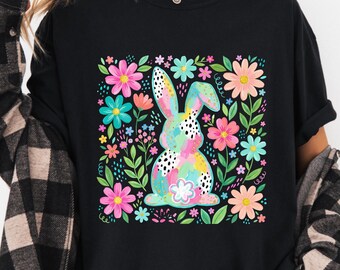 Pastel Floral Easter Bunny Shirt, Cute Spring Bunny Tee for Women, Boho Easter Flower Rabbit Graphic, Colorful Spring Holiday Gift