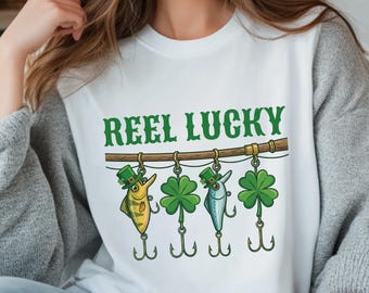 Reel Lucky Fishing Shirt for St Patricks Day, Funny Fisherman Shamrock Graphic Tee, Irish Fishing Lover Gift, DTF Print Unisex