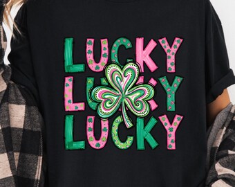 Lucky Lucky Lucky Shirt, St Patrick Day Lucky Shirt for Women, Shamrock Clover Graphic Tee, Cute St Patricks Day T Shirt