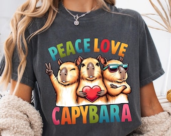 Peace Love Capybara Shirt for Animal Lovers, Cute Retro Capybara Graphic Tee, Colorful Kawaii Rodent Aesthetic Top, Trendy Gift for Her