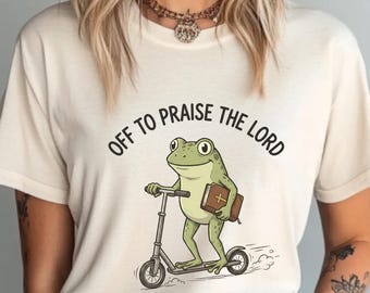 Off To Praise The Lord Frog Shirt, Funny Christian Church Humor Tee, Cute Bible Frog Graphic, Youth Group Sunday Service Shirt Gift