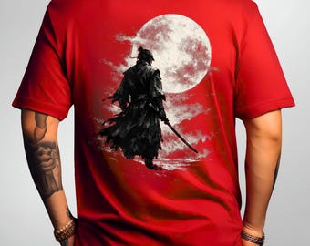 Samurai Full Moon Shirt: Katana Back Print, Japanese Ink Art