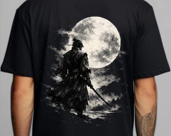 Samurai Full Moon Shirt: Katana Back Print, Japanese Ink Art
