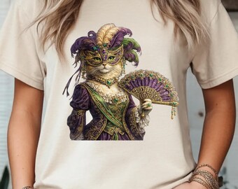 Carnival Cat Shirt - Elegant Feather Mask and Fan Design