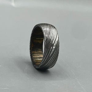 Damascus Steel Ring: Whiskey Barrel Wood Inlay, Handmade Wedding Band