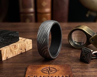 Damascus Whiskey Barrel Ring, Men's Damascus Steel Wood Wedding Band 5th Anniversary gift.
