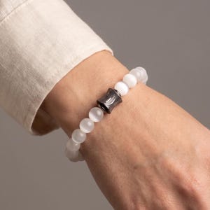 White Moonstone Beaded Bracelet: Damascus Steel Accent, Men's Handmade Jewelry