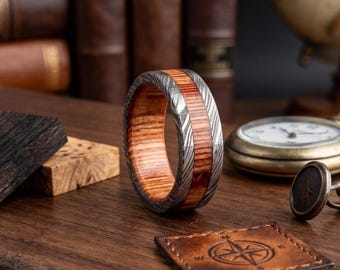 Hand-Forged Damascus Steel Ring | Whiskey Barrel Wood Inlay Wedding Band