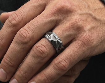 Hand-Forged Damascus Steel Ring, Faceted Mountain Wedding Band