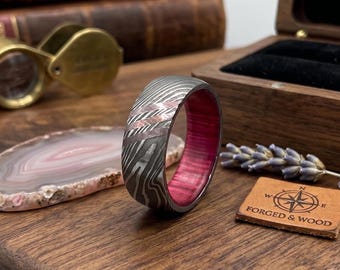 Hand-Forged Damascus Steel Ring with Inlay – Men’s Minimalist Wedding & Engagement Band.