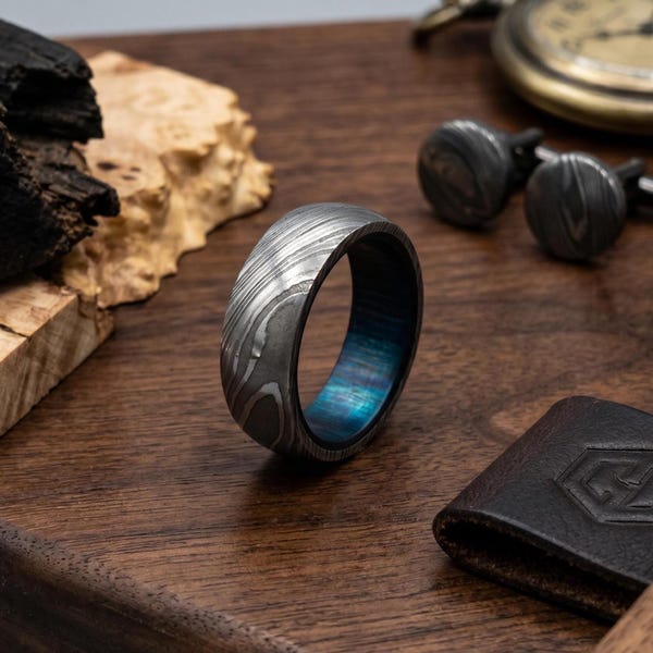 Hand-Forged Damascus Steel Ring with Blue Accent Minimalist Wedding & Engagement Band for Men’s