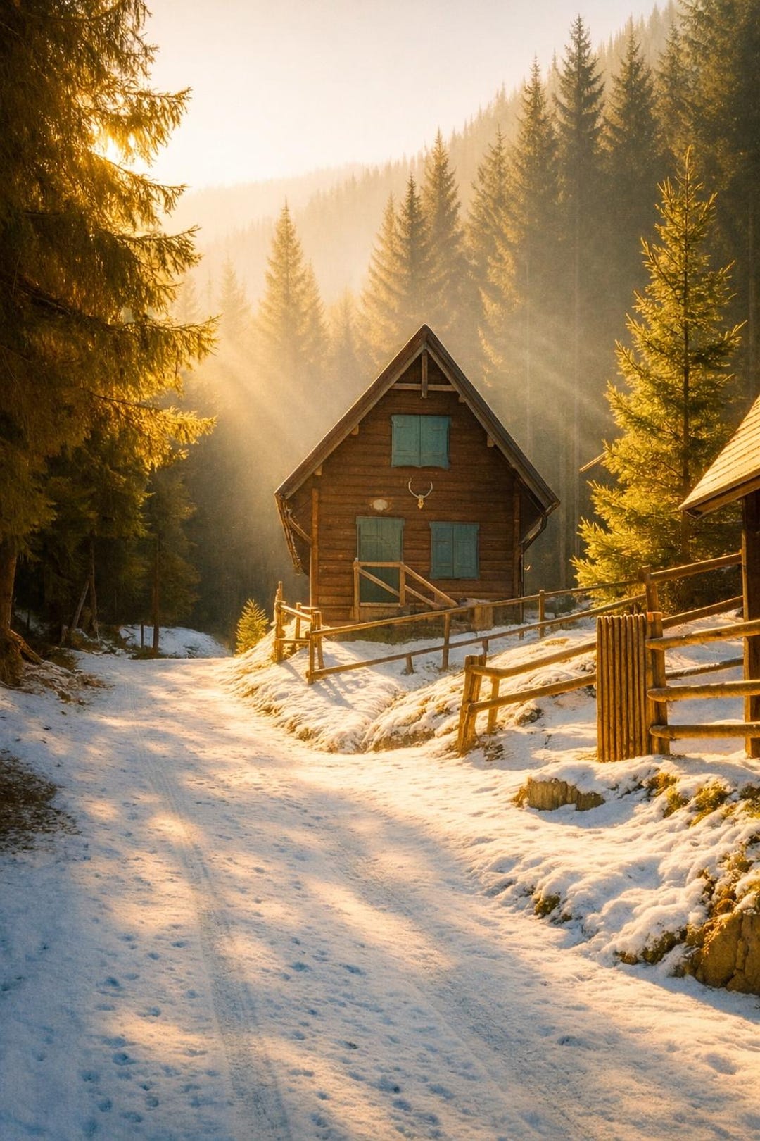 Golden Winter Cabin Wall Art Printable – Alpine Snow Landscape ...