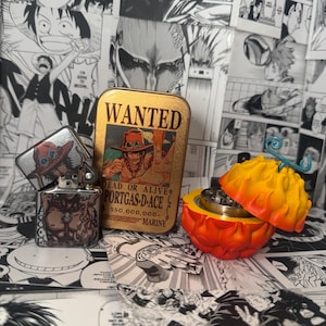 Flame Flame Devil Fruit Grinder Set - comes with 2 Piece Herb Grinder, Wanted Poster Tin & Custom Lighter