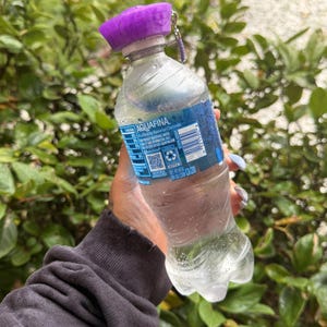 Peut inclure: Une bouteille d'eau en plastique transparent Aquafina avec une étiquette bleue et blanche affichant des informations nutritionnelles et un code-barres. Le bouchon est surmonté d'un accessoire circulaire violet texturé avec une chaînette argentée.