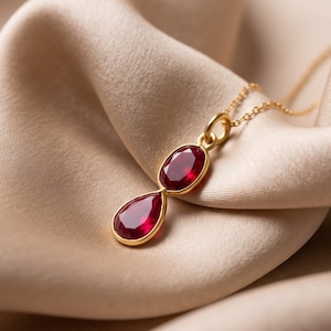 18K Solid Gold Ruby Pendant, Two-Stone Drop Charm, July Birthstone Jewelry