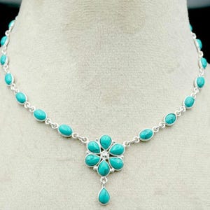 Sterling Silver Turquoise Necklace: Floral Gemstone Jewelry Gift