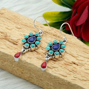 Turquoise Coral Lapis Sterling Silver Earrings: Handmade Floral Dangle