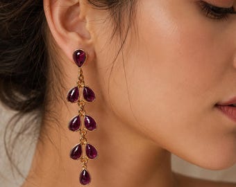 Gold Teardrop Dangle Earrings, Handmade Garnet Gemstone Earrings, Long Statement Earrings, Bridal Jewelry, Gift for Her