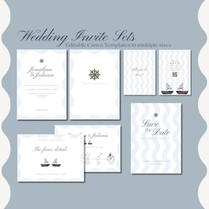 Beach Wedding Invitation Editable Canva Coastal Printable Wavy Wedding Invitation Suite Template with Details Card RSVP QR Save the Date