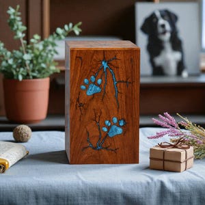 Custom Pet Portrait Engraved wooden , Cremation Dog Urn for Ashes