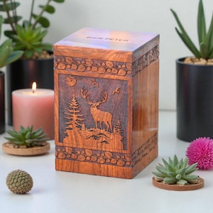 Handcrafted Wooden Deer Cremation Urn: Rustic Forest Memorial Keepsake