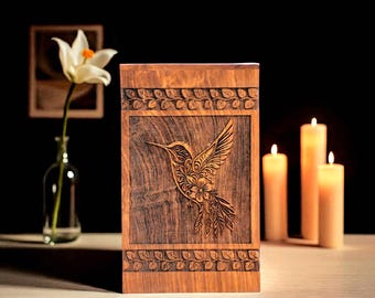Hummingbird Engraved Wooden Cremation Urn: Memorial Keepsake Box