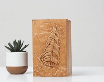 Handcrafted Wooden Cremation Urn | 3D Ship Carving, Nautical Keepsake Box