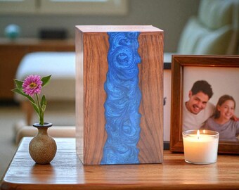 Handcrafted Wood Cremation Urn with Blue Resin Inlay - Memorial Keepsake