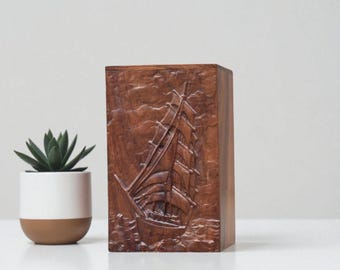 Handcrafted Wooden Cremation Urn | 3D Ship Carving, Nautical Keepsake