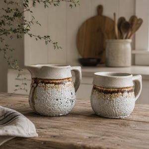 Peut inclure: Un pichet et une tasse en céramique assortis, dotés d'une base texturée blanche mouchetée et d'une partie supérieure lisse de couleur crème, séparées par une bande de glaçure brun foncé et jaune doré. Les deux pièces ont une forme arrondie.
