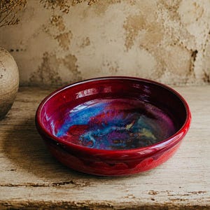 Peut inclure: Un bol en céramique rond doté d'une finition brillante, avec un extérieur rouge profond et un intérieur aux émaux vibrants mêlant des nuances de magenta, de bleu roi et de violet dans un motif marbré tourbillonnant à la surface lisse.