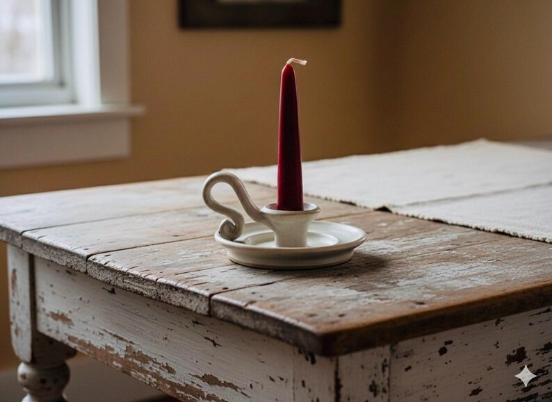 May include: A red taper candle in a white ceramic candlestick holder with a curved handle. The candle and holder sit on a distressed, white-painted wooden table. The table has a rustic, vintage appearance.