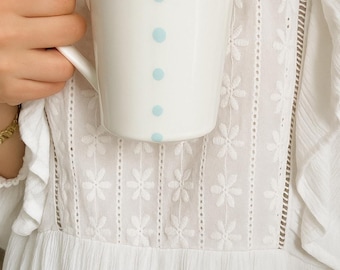Vintage White Ceramic Mug with Light Blue Polka Dots – Minimalist Scandinavian Coffee Cup 3.75”