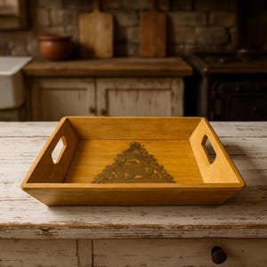 Rustic Wood Serving Tray with Brass Inlay - Farmhouse Decor