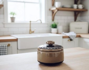 Vintage Franciscan Stoneware Lidded Jar • 1970s Brown Drip Glaze