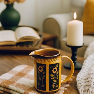 May include: A yellow ceramic jug with a brown rim and handle, decorated with black panels and floral patterns. It rests on a wooden table with a checkered blanket. A lit candle and dried flowers in a vase are in the background.