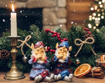 Vintage Christmas Elf Figurines – Hand-Painted Resin Gnomes, Scandinavian Decor