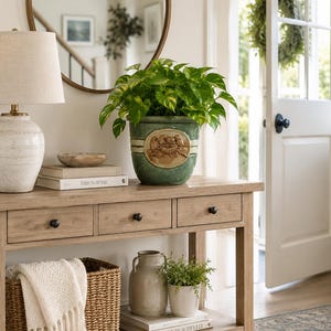 May include: A light oak console table with three drawers, a wicker basket, and decorative items. A green and yellow plant in a decorative pot sits on top. A lamp and a round mirror are also visible.