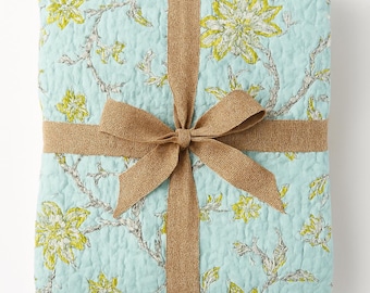 Edredón de algodón con estampado floral vintage – Colcha azul claro y verde oliva (85x85)