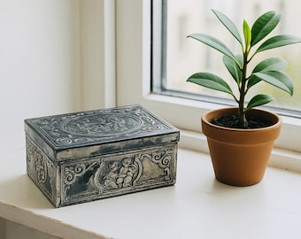 Vintage Repoussé Cherub Metal Trinket Box Antique Jewelry Storage Keepsake Box