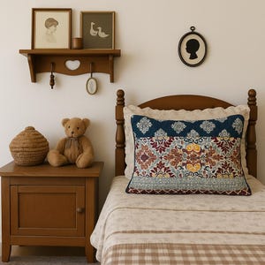 May include: A bedroom interior with a wooden bed and a patterned cushion. A teddy bear and a woven basket sit on a wooden bedside table. Framed artwork and a silhouette add to the room's decor.