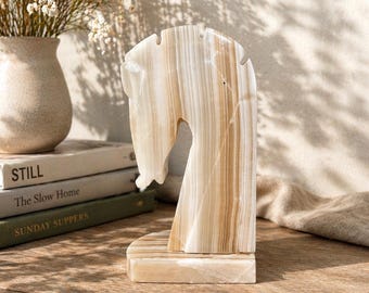 Vintage Onyx Pferdekopf Buchstütze - Geschnitzter Stein - Neutrales Marmor Dekor - Einzelbuchstütze