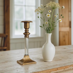Vintage Brass & Lucite Candleholder | Mid Century Modern 19.5 cm Taper Candlestick