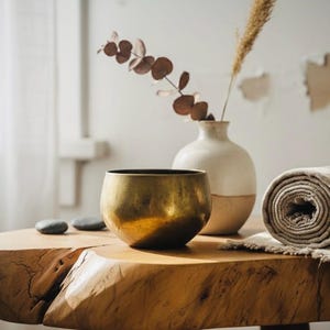 May include: A brass bowl, beige blanket, and a two-tone vase with dried plants are arranged on a wooden table. Two small, dark gray stones are also on the table. The scene is illuminated by natural light, creating a serene atmosphere.