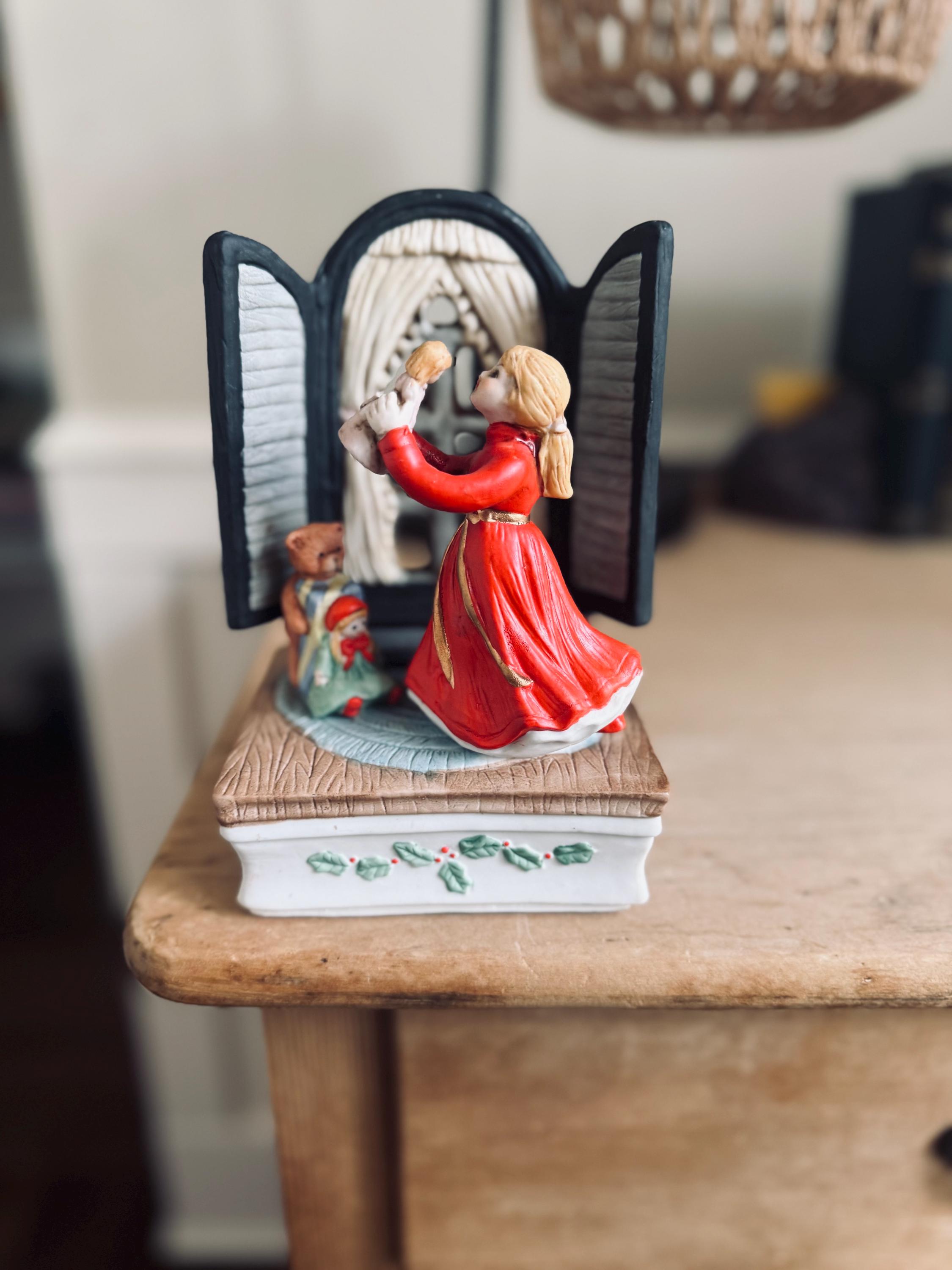 Vintage Girl With Doll Christmas Music Box | Holiday Window Scene
